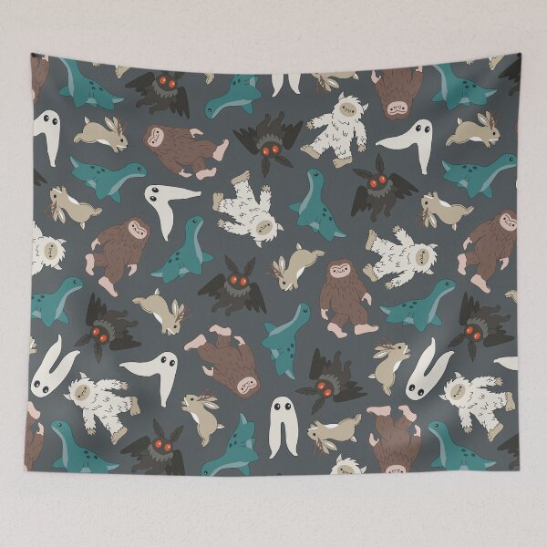 Item preview, cute cryptids in dark blue gray - Loch Ness monster, mothman, Bigfoot, Sasquatch, jackalope, Fresno night crawler designed and sold by Becca Alessi.