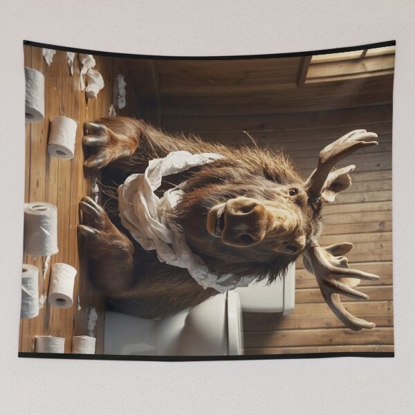Item preview, Mischievous Moose with Toilet Paper in Rustic Bathroom designed and sold by vk09.