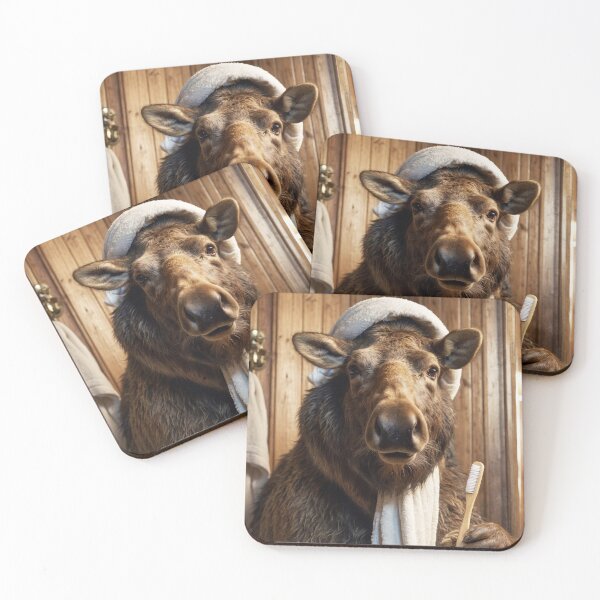 Item preview, Moose Holding Toothbrush in Rustic Bathroom designed and sold by vk09.