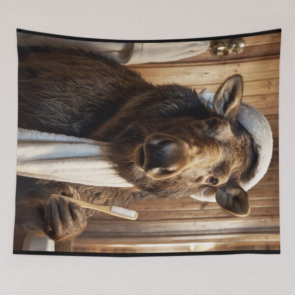 Item preview, Moose Holding Toothbrush in Rustic Bathroom designed and sold by vk09.