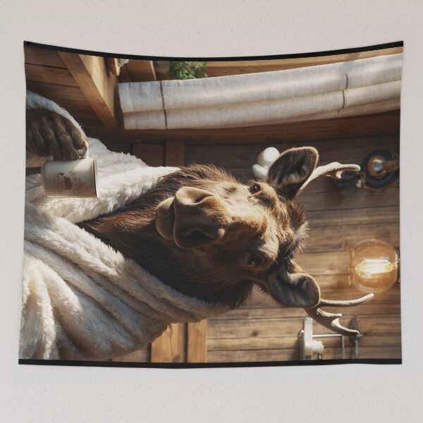 Item preview, Cozy Moose with Coffee Mug in Rustic Cabin designed and sold by vk09.