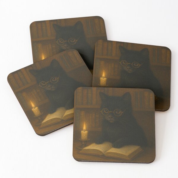 Item preview, Library Familiar – Black Cat Reading by Candlelight (Dark Academia Art) designed and sold by ArtByAlgorithms.