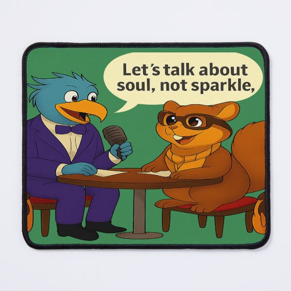 Item preview, Talkshow Vibes – Blue Bird Host and Nerdy Squirrel on a Surreal Stage designed and sold by FotoworldEdel.