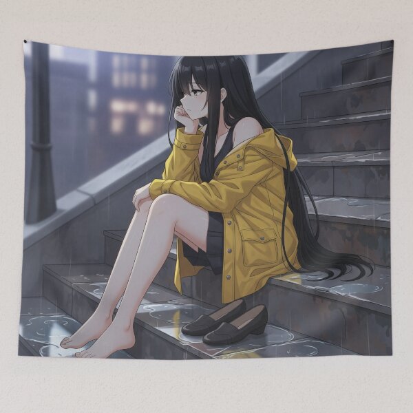 Item preview, A sad and depressed Waifu sits on the stairs in the pouring rain designed and sold by GerwantSHOP.