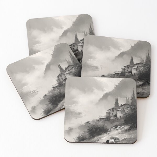 Item preview, Misty Mountain Village with Grazing Sheep – Black and White Art designed and sold by Zoltan89.