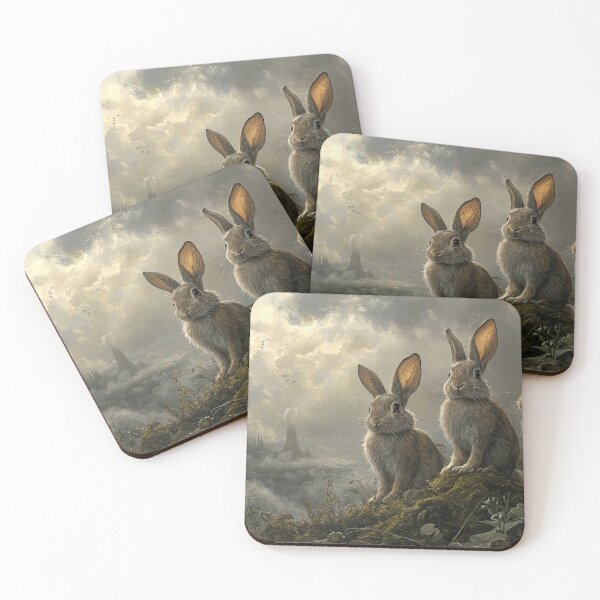 Item preview, Three Brown Rabbits on a Mossy Hill Overlooking Misty Mountains designed and sold by Shannon Hilson.