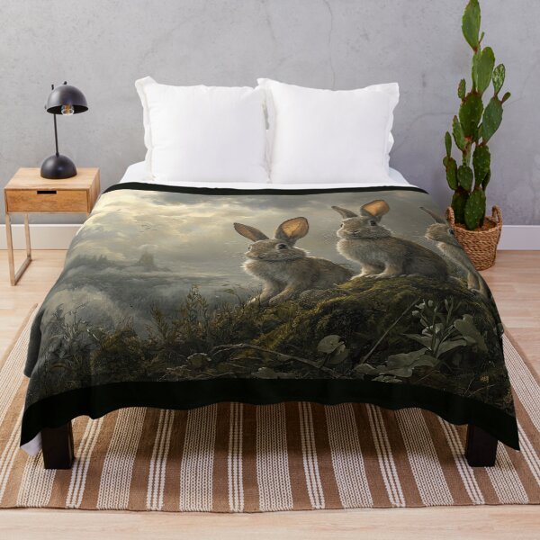 Item preview, Three Brown Rabbits on a Mossy Hill Overlooking Misty Mountains designed and sold by Shannon Hilson.