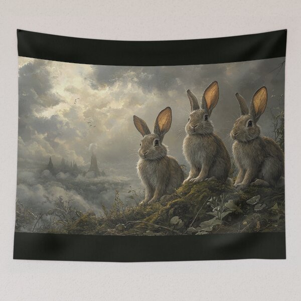 Item preview, Three Brown Rabbits on a Mossy Hill Overlooking Misty Mountains designed and sold by Shannon Hilson.