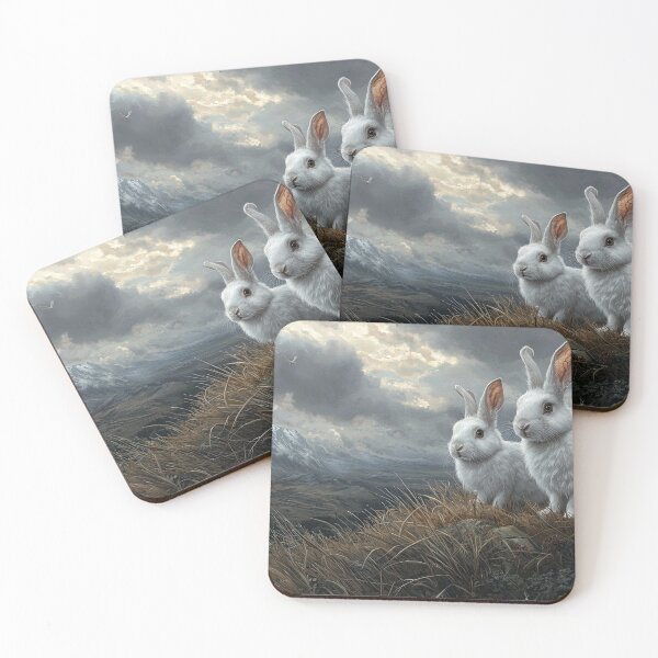 Item preview, Two White Rabbits on a Rocky Hillside with Snow-Capped Mountain in Background designed and sold by Shannon Hilson.