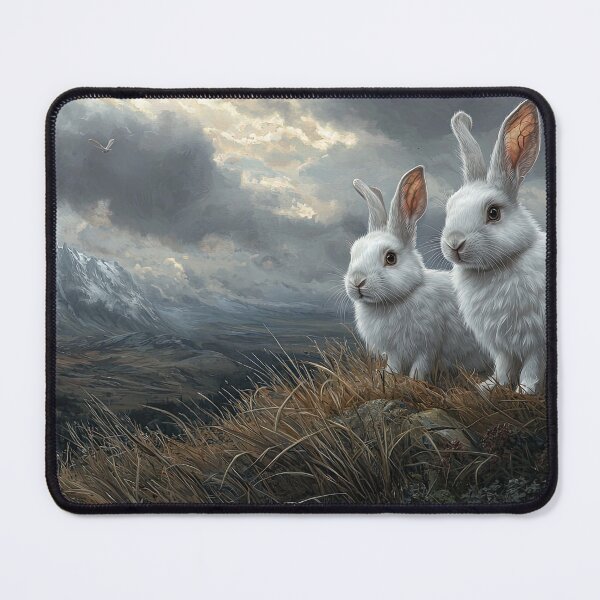 Item preview, Two White Rabbits on a Rocky Hillside with Snow-Capped Mountain in Background designed and sold by Shannon Hilson.