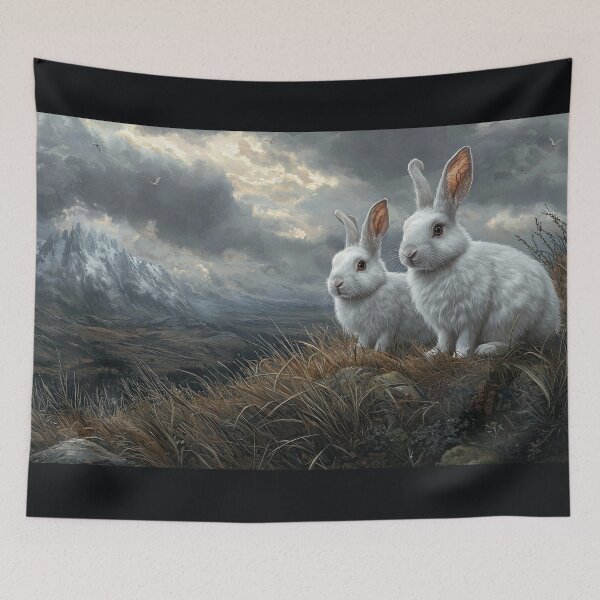 Item preview, Two White Rabbits on a Rocky Hillside with Snow-Capped Mountain in Background designed and sold by Shannon Hilson.