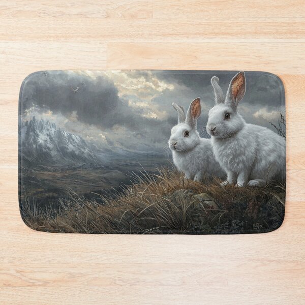 Item preview, Two White Rabbits on a Rocky Hillside with Snow-Capped Mountain in Background designed and sold by Shannon Hilson.