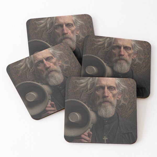 Item preview, Older Man with Cross Necklace and Megaphone in Front of Ornate Halo designed and sold by Shannon Hilson.