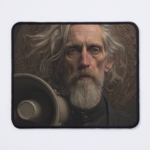 Item preview, Older Man with Cross Necklace and Megaphone in Front of Ornate Halo designed and sold by Shannon Hilson.