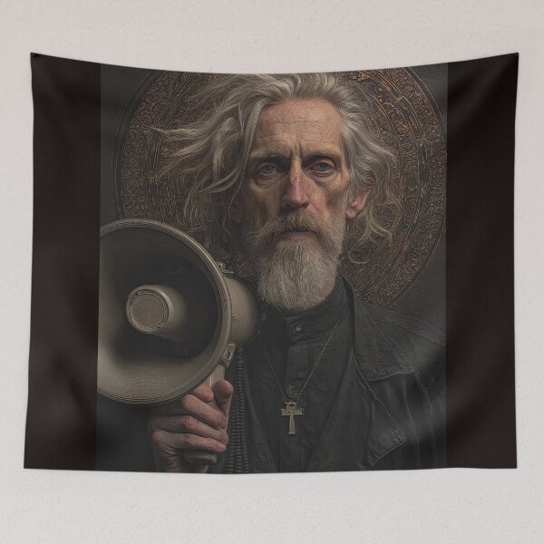 Item preview, Older Man with Cross Necklace and Megaphone in Front of Ornate Halo designed and sold by Shannon Hilson.