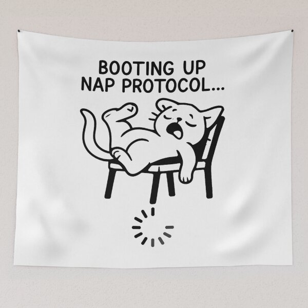 Item preview, Booting Up Nap Protocol – Sleepy Cat Funny Tech Cartoon designed and sold by jelonkaa.