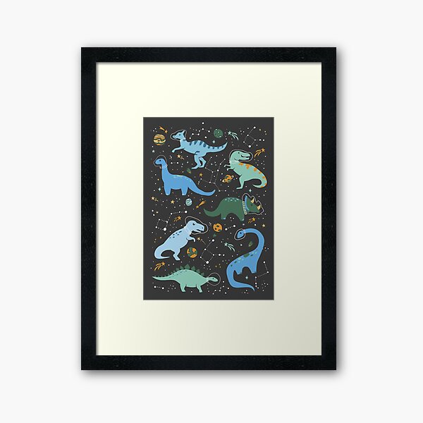 Space Dinosaurs in Blue Framed Art Print