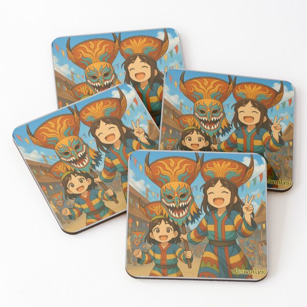 Item preview, Sisters at Phi Ta Khon Festival – Colorful Thai Ghost Mask Parade, Anime Style designed and sold by konthai.familyart.
