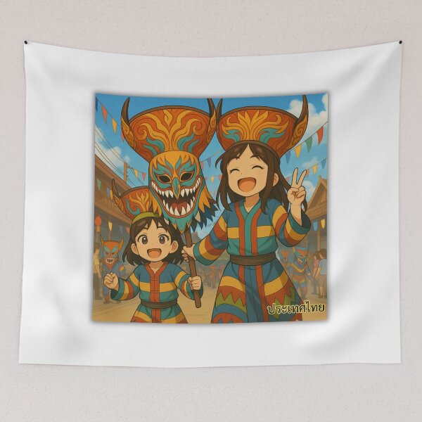 Item preview, Sisters at Phi Ta Khon Festival – Colorful Thai Ghost Mask Parade, Anime Style designed and sold by konthai.familyart.