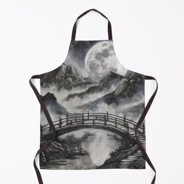 Item preview, Full Moon Over Misty Mountains and Curved Bridge – Asian Ink Wash Sumi-e Landscape Art designed and sold by MooDigitalArt.