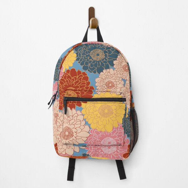 Item preview, Bold vibrant retro vintage vibe large floral blooms all over on blue background designed and sold by PrettywithColor.