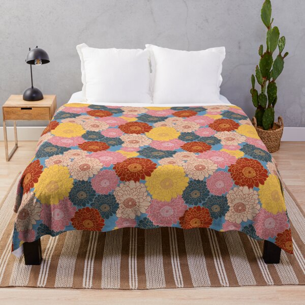 Item preview, Bold vibrant retro vintage vibe large floral blooms all over on blue background designed and sold by PrettywithColor.