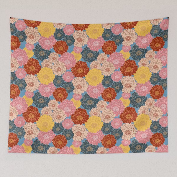 Item preview, Bold vibrant retro vintage vibe large floral blooms all over on blue background  designed and sold by PrettywithColor.
