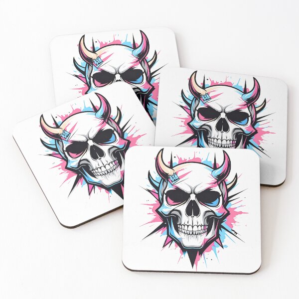 Item preview, Neon pink and blue skull with horns designed and sold by Dungeon Homewares.