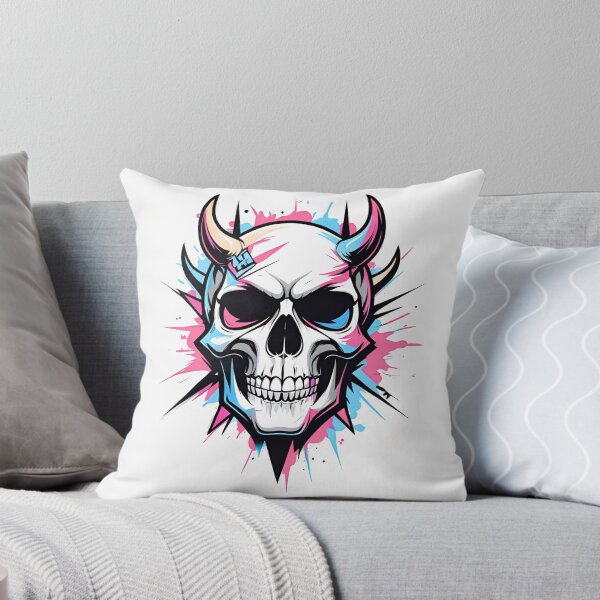 Item preview, Neon pink and blue skull with horns designed and sold by Dungeon Homewares.