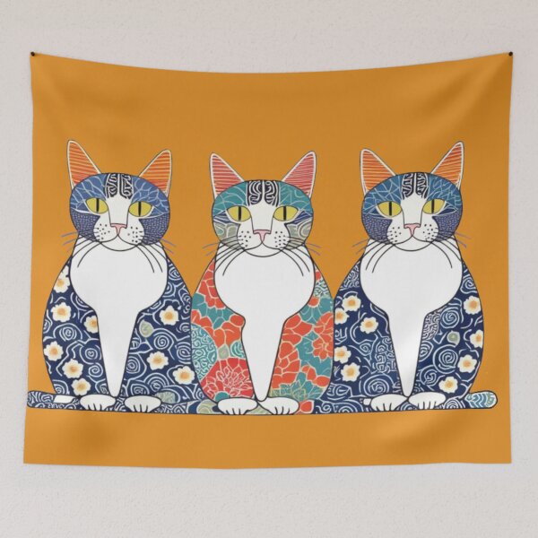 Item preview, Floral Navy and Red Cats – Japanese Patterned Trio designed and sold by LEO'S CREATURE　れおずくりーちゃー.