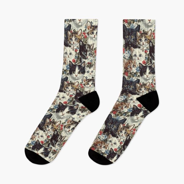 Item preview, Colorful Kitten Faces with Red and Blue Flowers, Whimsical and Bright, Pattern Design designed and sold by ArtifactVault.
