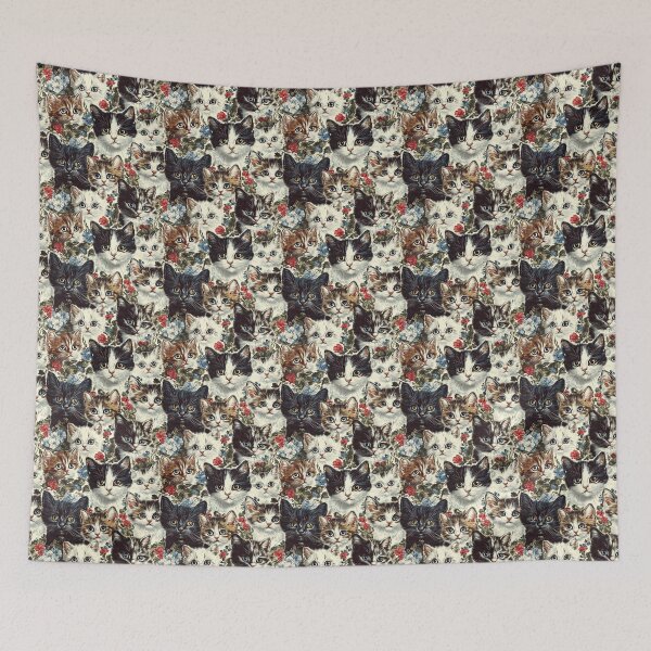 Item preview, Colorful Kitten Faces with Red and Blue Flowers, Whimsical and Bright, Pattern Design designed and sold by ArtifactVault.