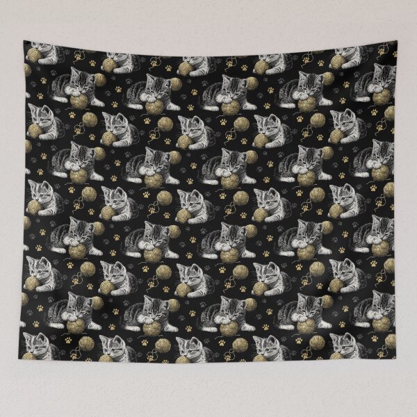 Item preview, Grey and White Kittens Playing with Golden Yarn on a Black Background with Paw Prints designed and sold by ArtifactVault.