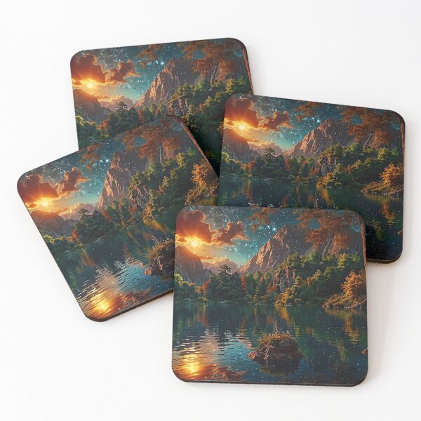 Item preview, Moon and sun over a mountain lake designed and sold by PixelParadies.