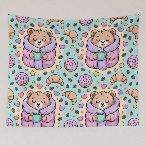Item preview, Sleepy Bear Robe Coffee - Cute Cozy Bear with Donuts and Croissants designed and sold by YourSocialBae.
