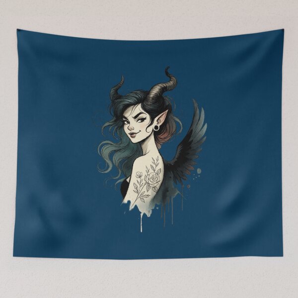 Item preview, Dark Siren – Horned Beauty with Wings and Ink designed and sold by LuminShadowArt.