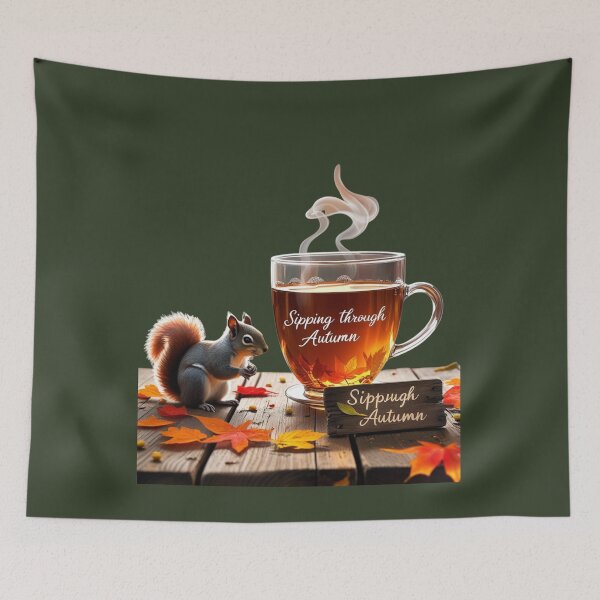 Item preview, Hello Fall — Squirrel Holding Cup Surrounded by Leaves designed and sold by Mintiko2.