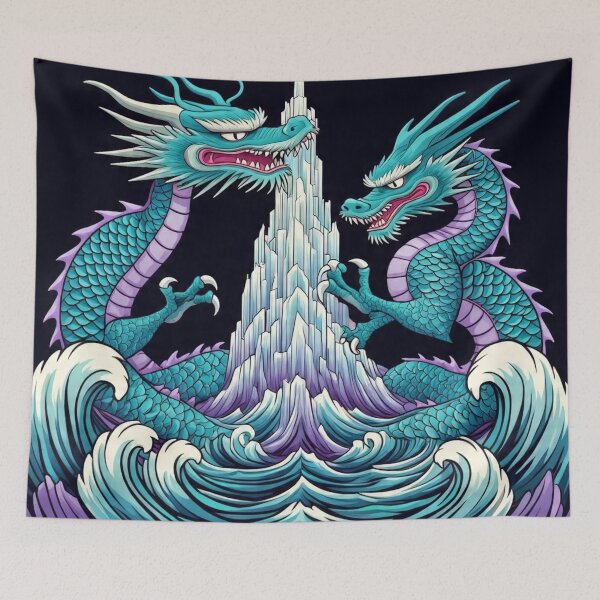 Item preview, Moonlit Crystal Tower Dragons – Retro Japanese Design designed and sold by Vandy Fullam.