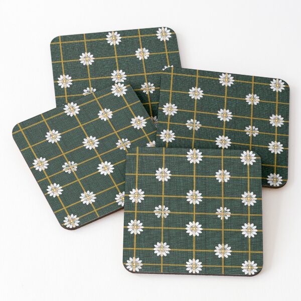 Item preview, Floral Grid Check (Dark Green × Mustard × White Daisy) designed and sold by casualnature.