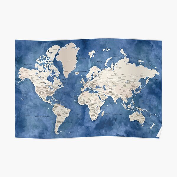 Carte du monde aquarelle bleu et neutres bleu marine Poster