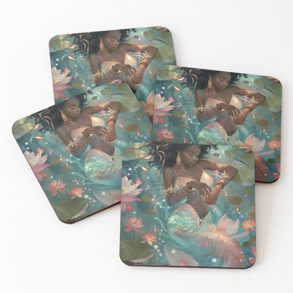 Item preview, Lotus Dream – Enchanted Black Mermaid in Moonlit Waters designed and sold by okluvyoubye.