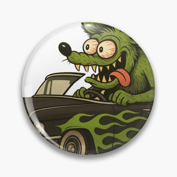 Item preview, 1959 matte black caddy with green flames driven by Rat Fink designed and sold by hotrodspirit.