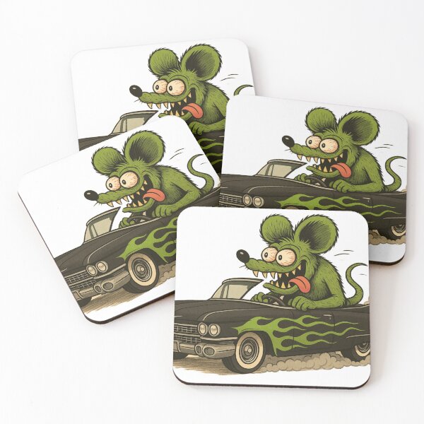 Item preview, 1959 matte black caddy with green flames driven by Rat Fink designed and sold by hotrodspirit.