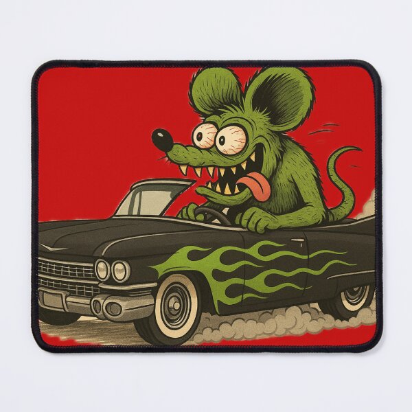Item preview, 1959 matte black caddy with green flames driven by Rat Fink designed and sold by hotrodspirit.