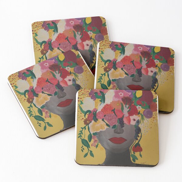 Item preview, "Bold Floral Portrait – Colorful Flowers Blooming from a Woman’s Head on Yellow Background" designed and sold by julia alwali.