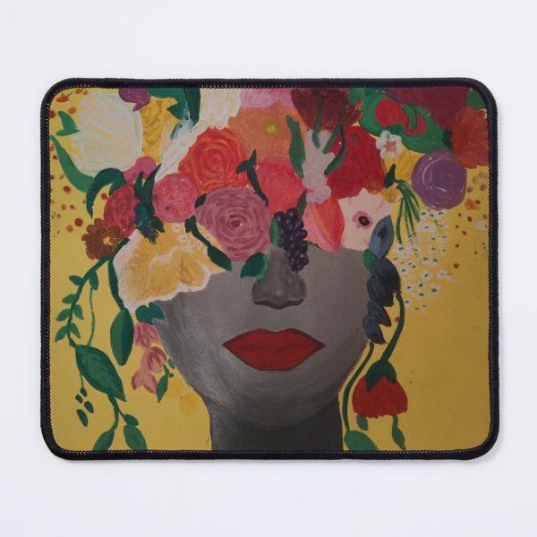 Item preview, "Bold Floral Portrait – Colorful Flowers Blooming from a Woman’s Head on Yellow Background" designed and sold by julia alwali.