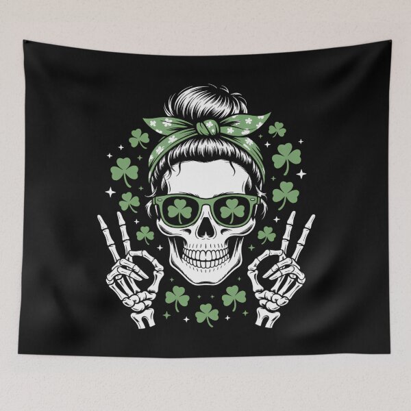 Item preview, St Patricks Day Skull Messy Bun Peace designed and sold by CookWorldLaughs.
