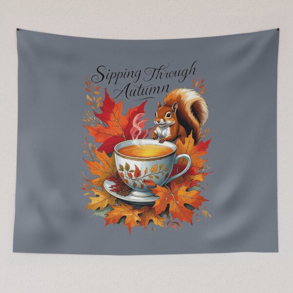 Item preview, Peaceful Fall Tea Time — Squirrel with Hot Beverage & Leaves designed and sold by Mintiko2.