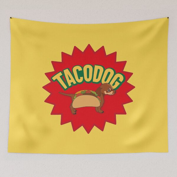 Aperçu de l'œuvre Teckel dans un taco – Typographie jaune et verte sur étoile rouge créée et vendue par Vector Woofs.