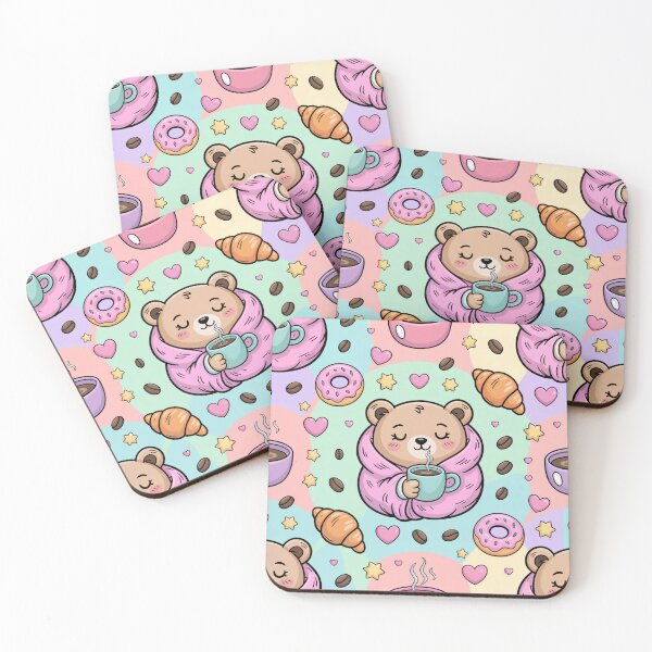 Item preview, Sleepy Bear Coffee Artwork - Cute Cuddly Bear in Blanket with Donuts and Croissants on Pastel Background designed and sold by YourSocialBae.